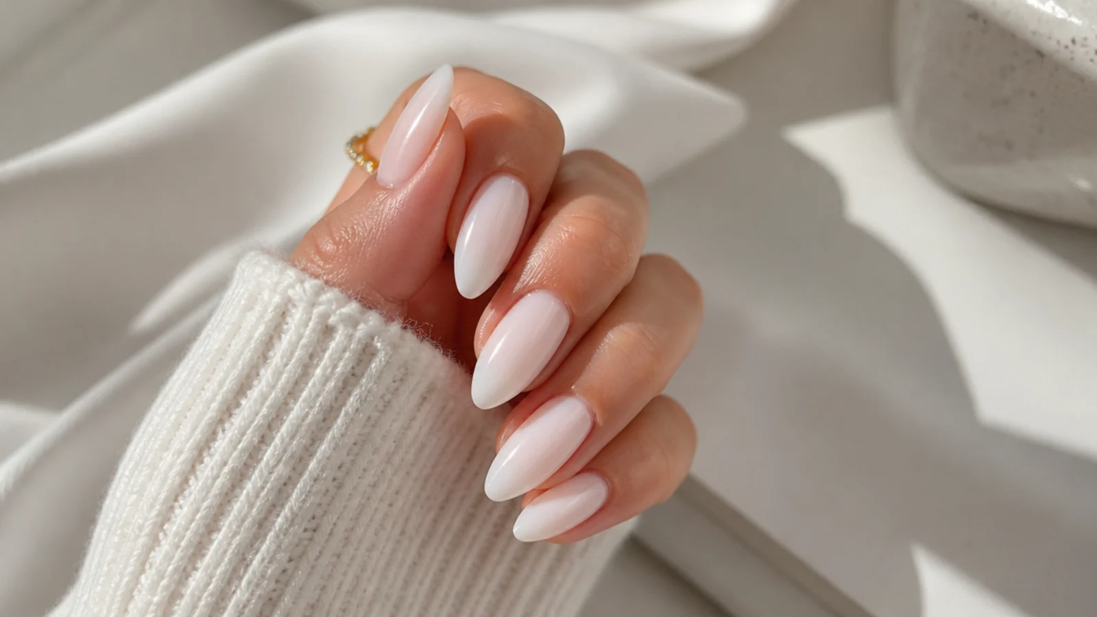 Sheer soft white almond soap nails in an OPI Funny Bunny style shade