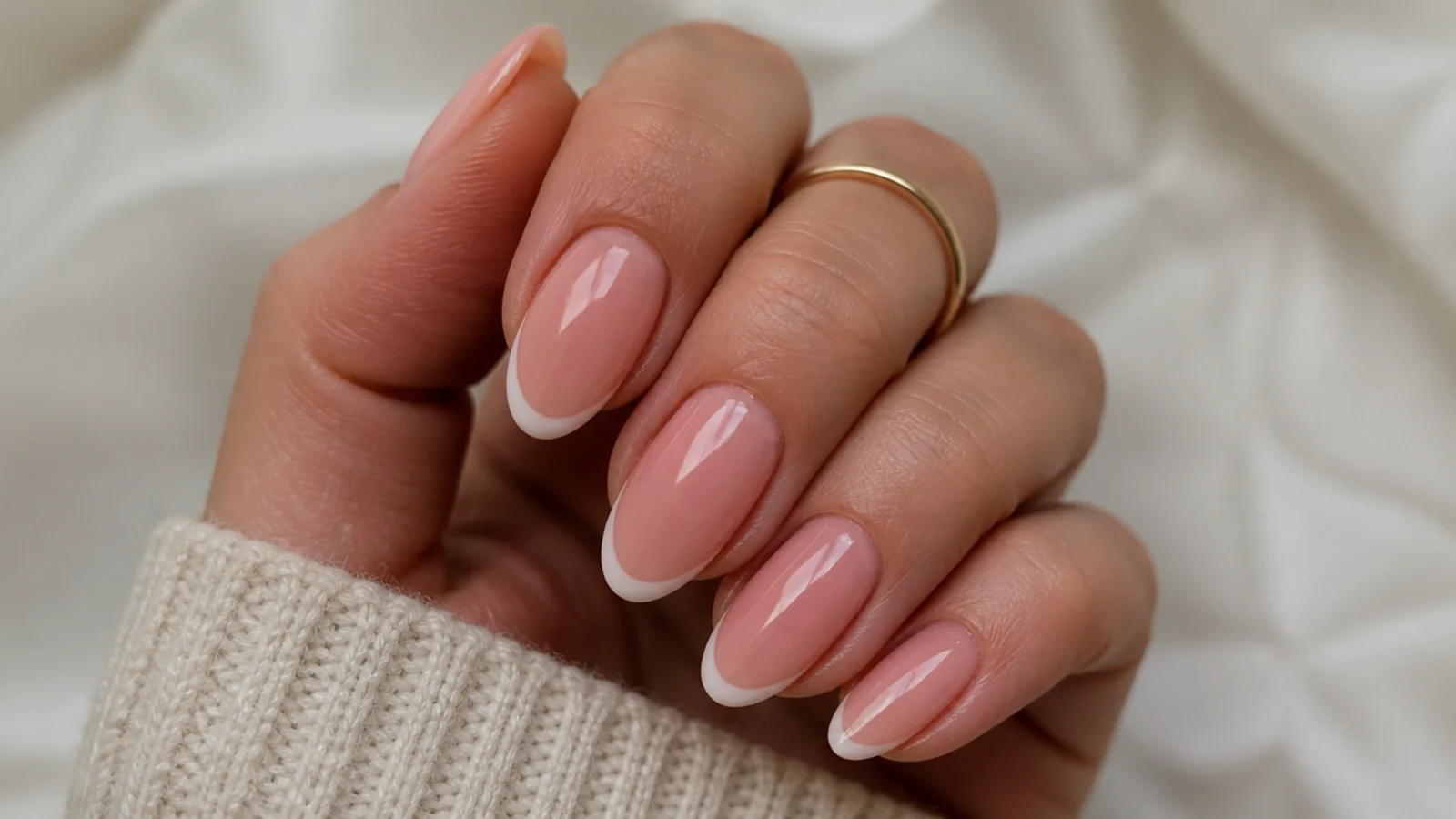 Sheer pink almond nails with a thin barely-there micro-French tip