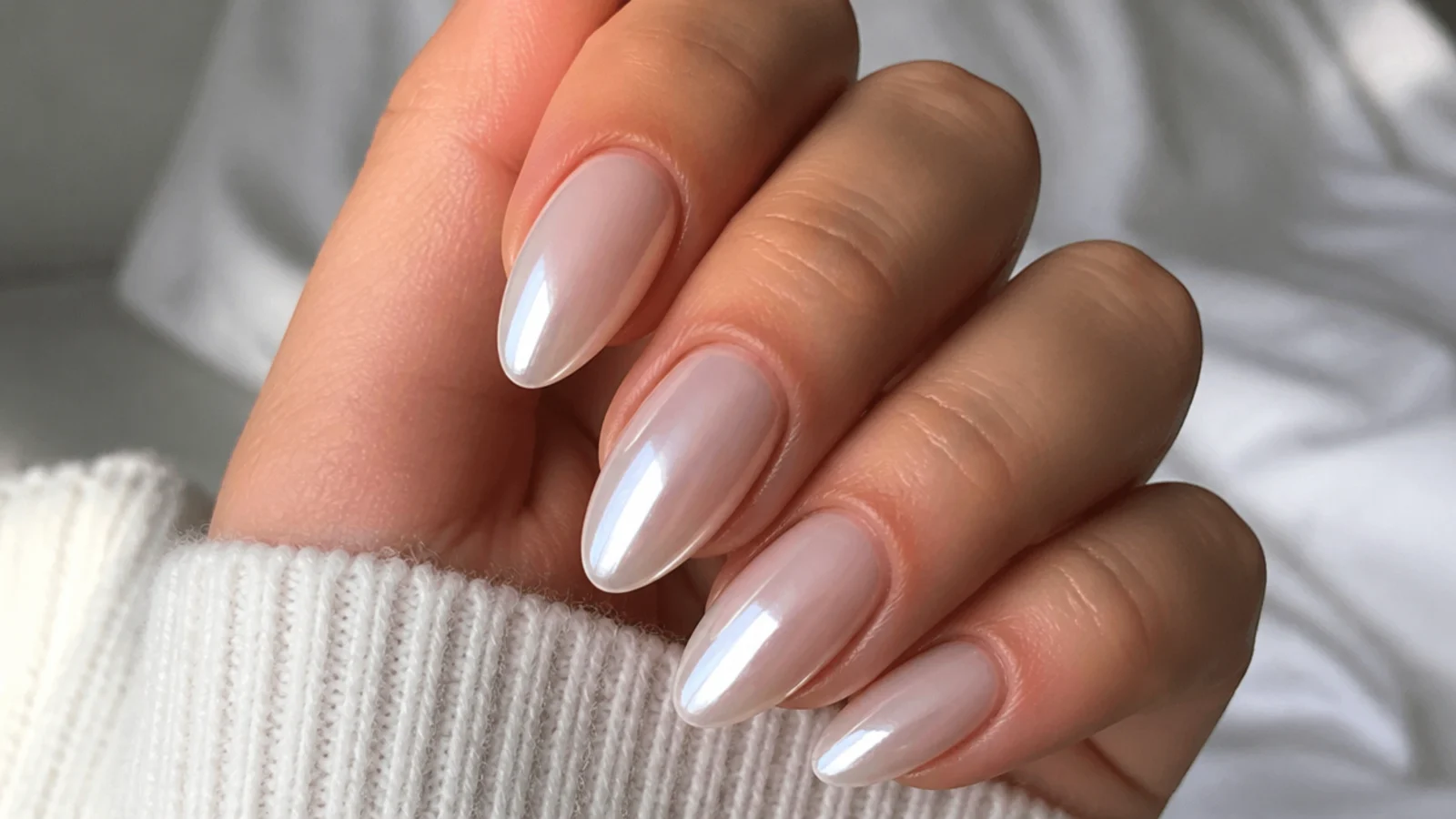 Sheer almond nails with a soft pearly glazed chrome dusting over milky base