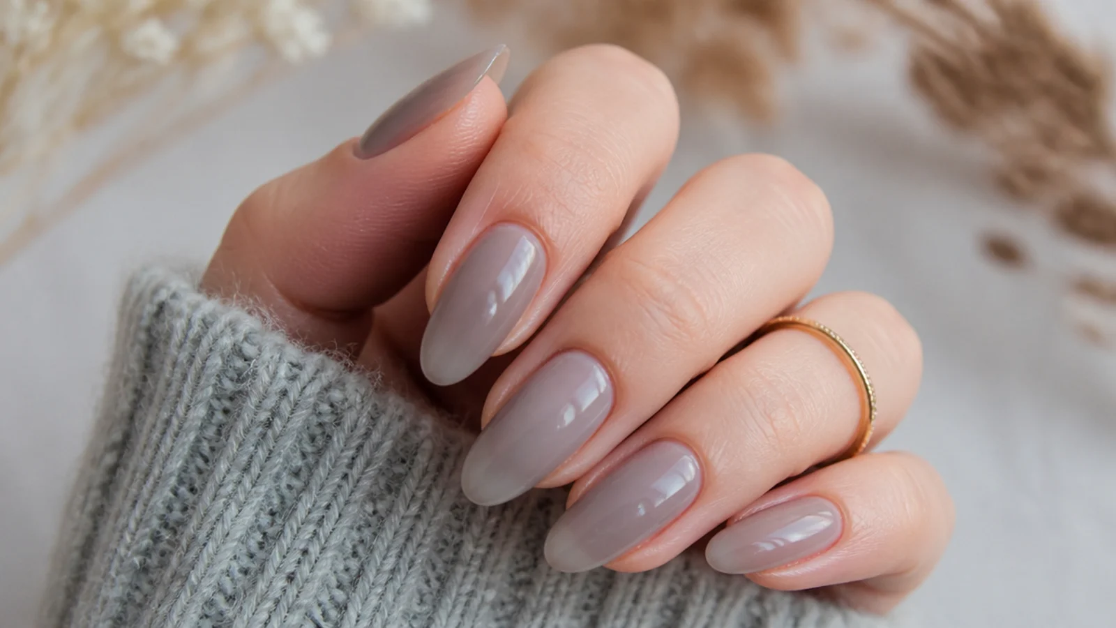 Sheer cool gray almond soap nails with a translucent smoky finish
