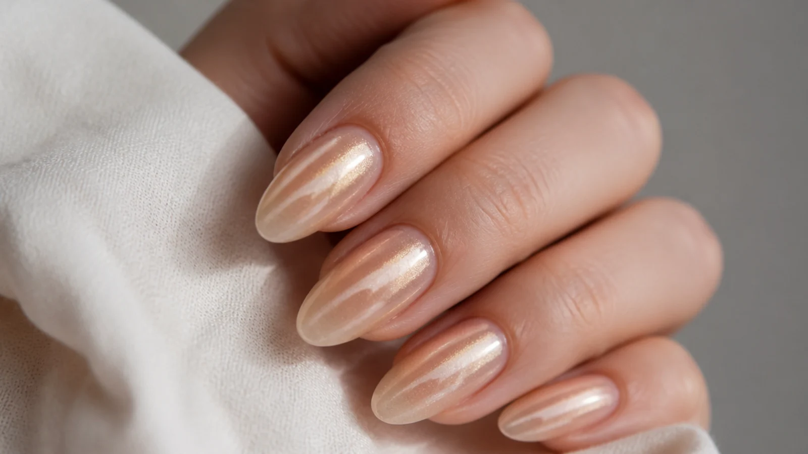 Sheer champagne almond nails with a soft golden translucent shimmer