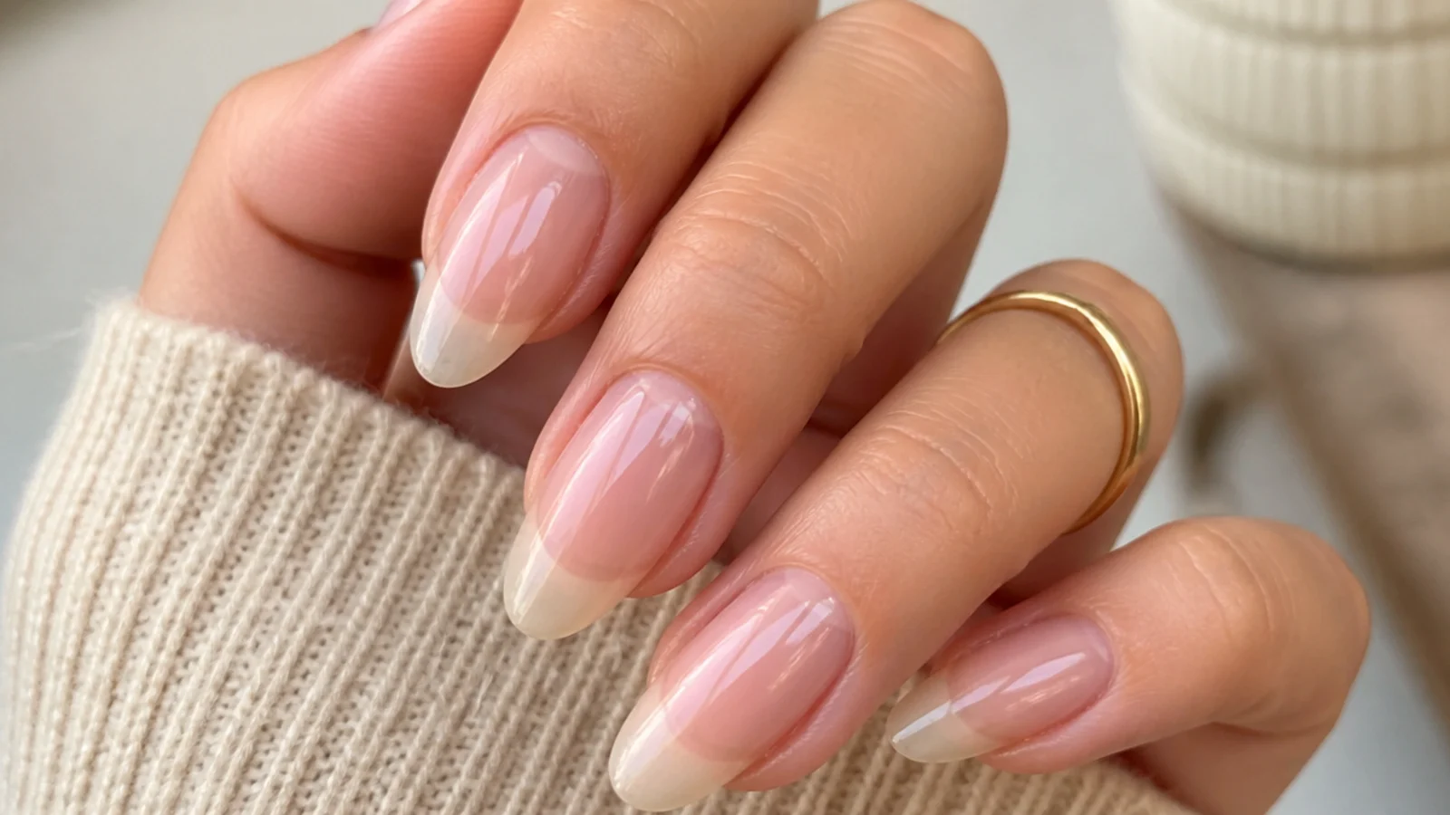 Bare buffed almond nails with a healthy natural cuticle-oiled glow