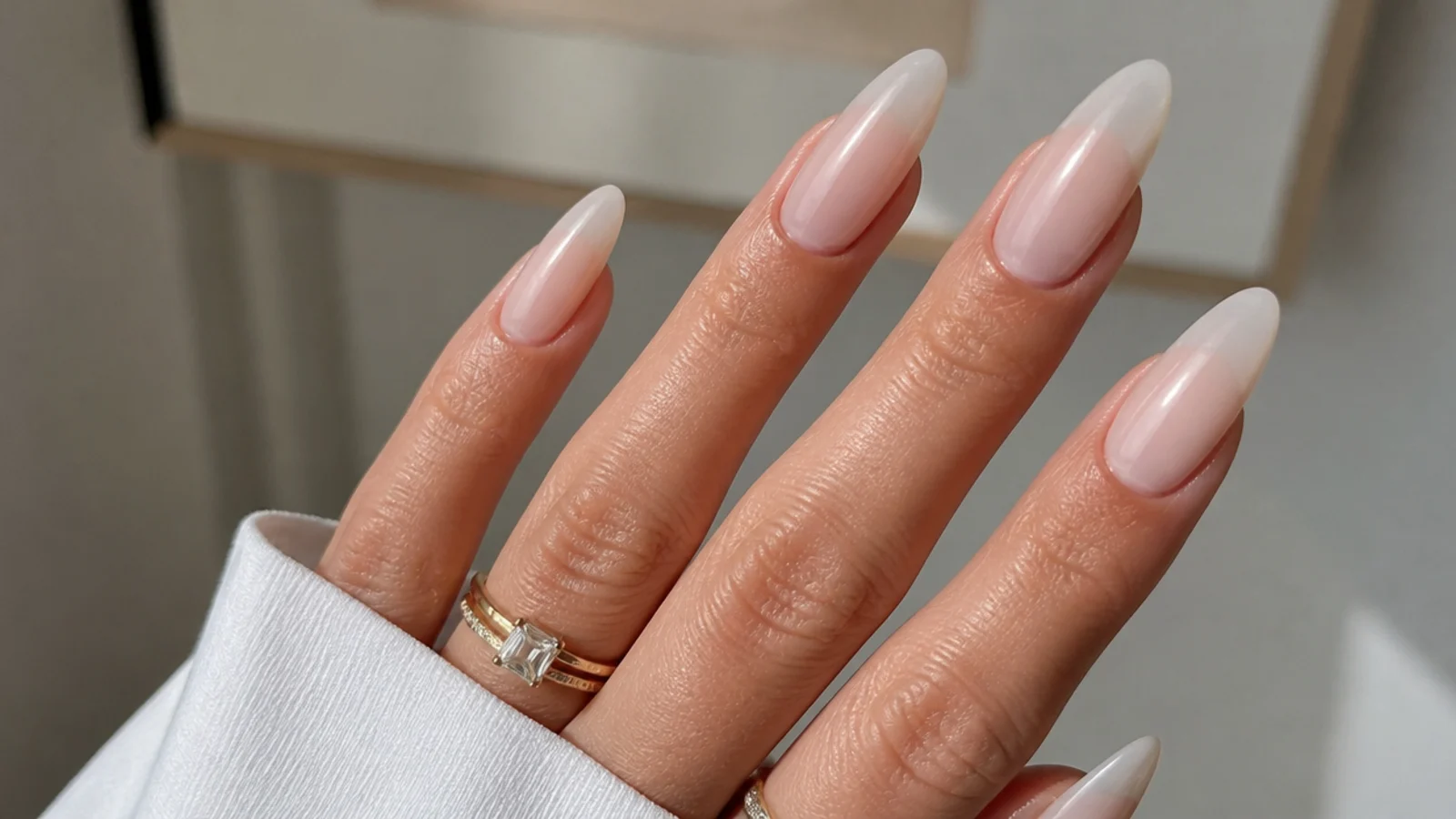 Long almond soap nails in a sheer milky nude with an elongated taper