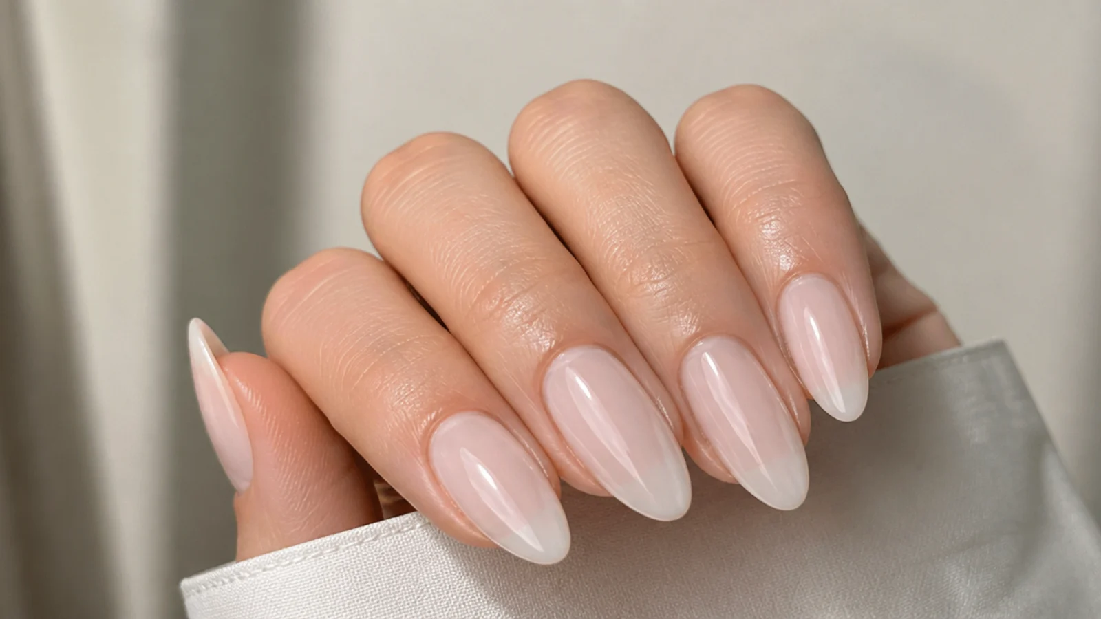 Soft sheer bridal-white almond soap nails with a clean glassy finish