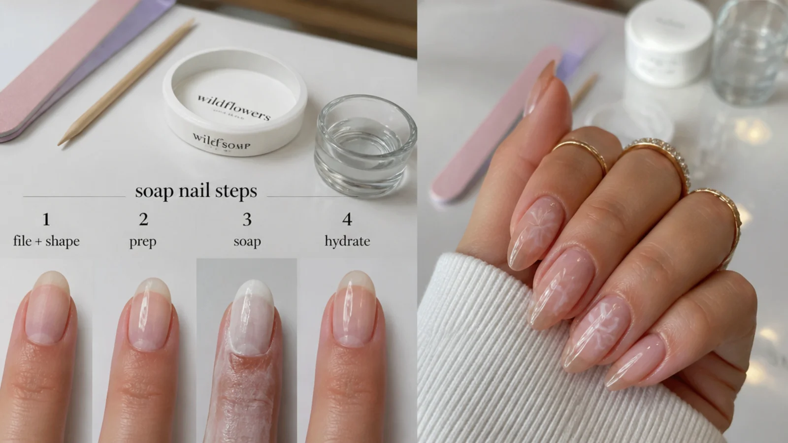 Step-by-step soap nail supplies and a buffed almond nail mid-application