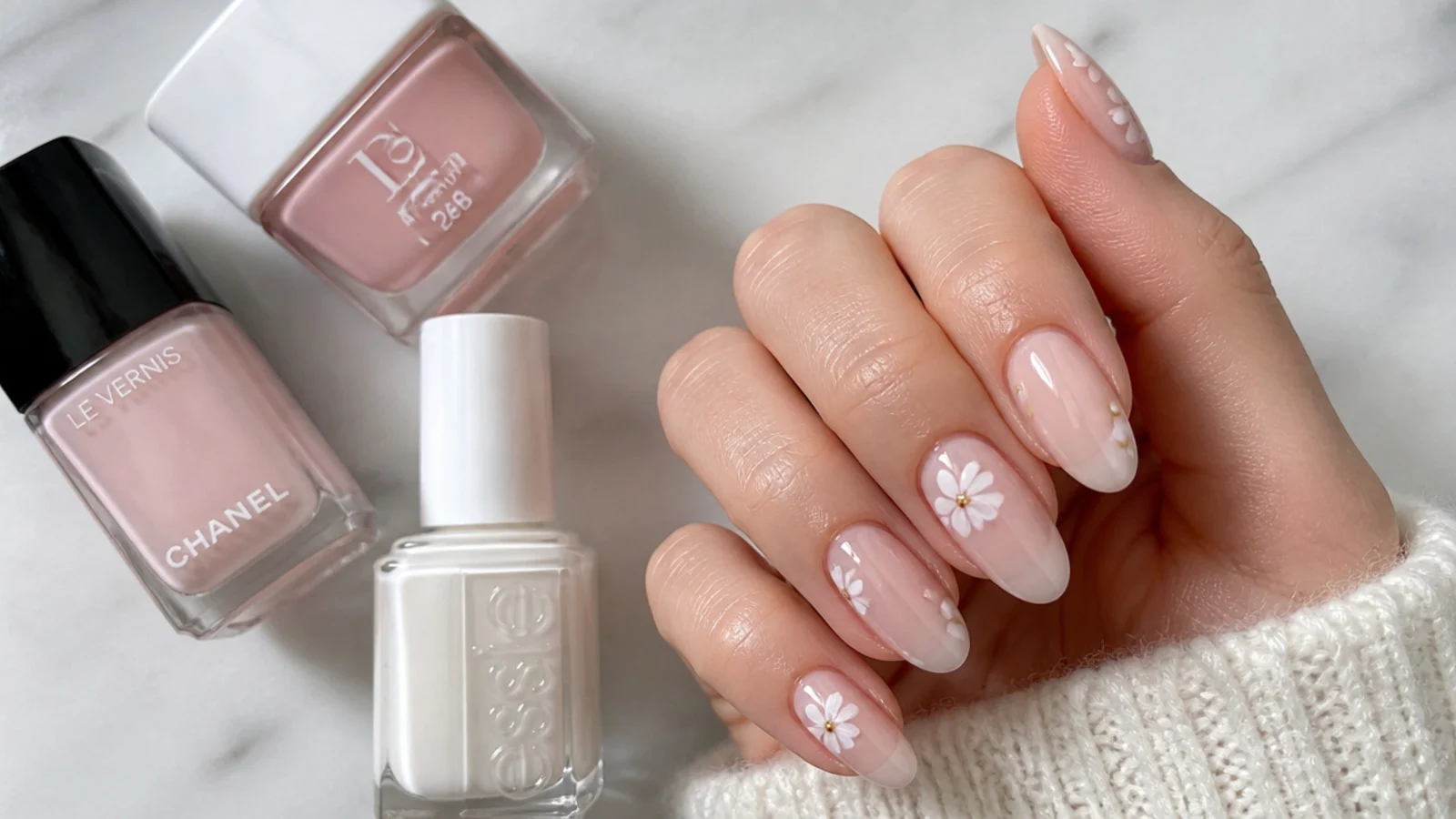 Flat lay of sheer nude, milky white and pink polish bottles beside almond nails