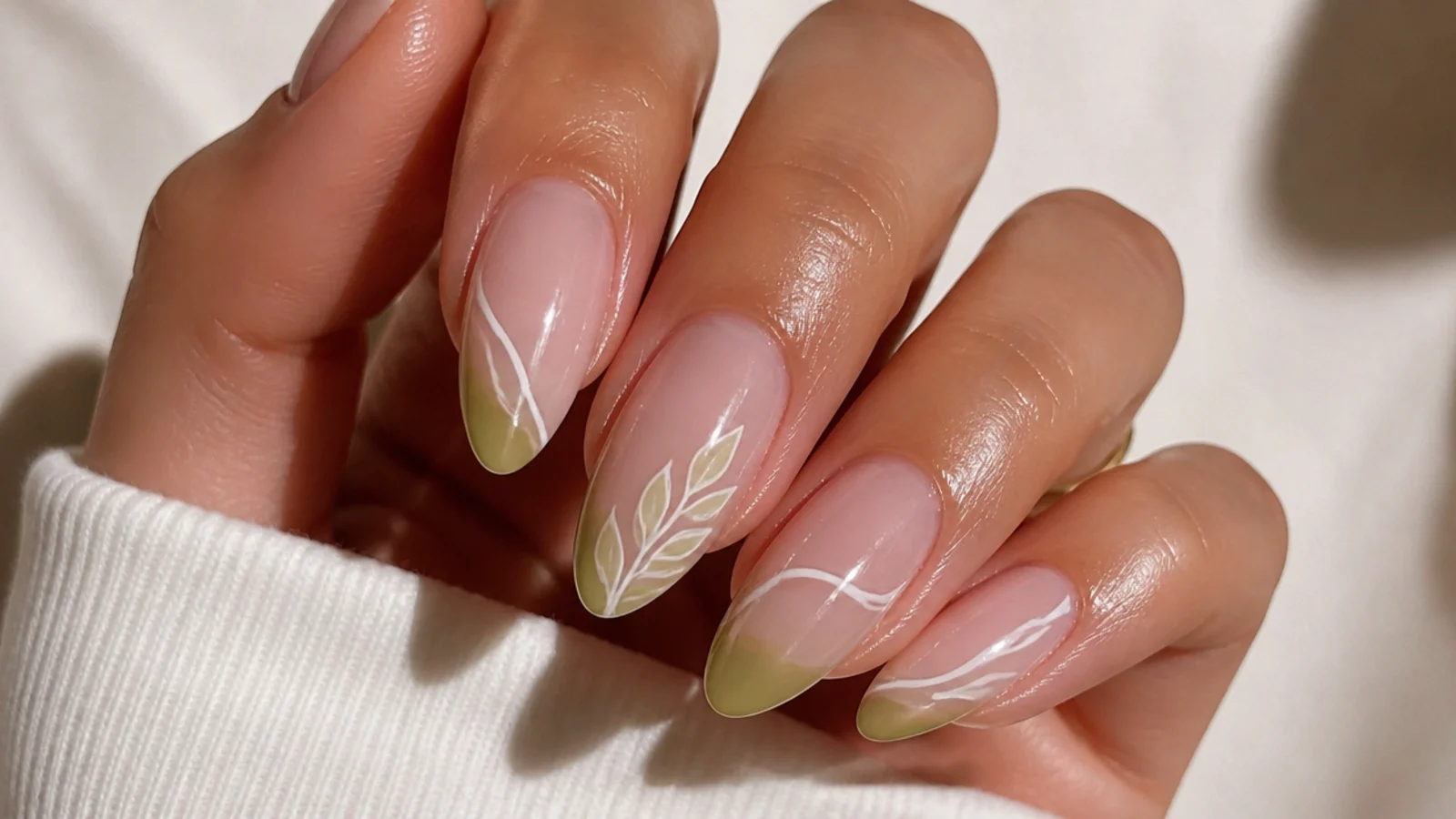 A well-sealed glossy almond soap nail with cuticle oil for longevity