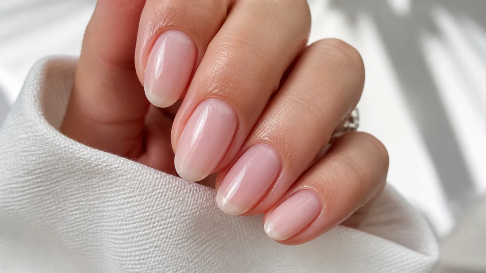 Sheer barely-there pink soap nails on an oval shape with natural nail showing