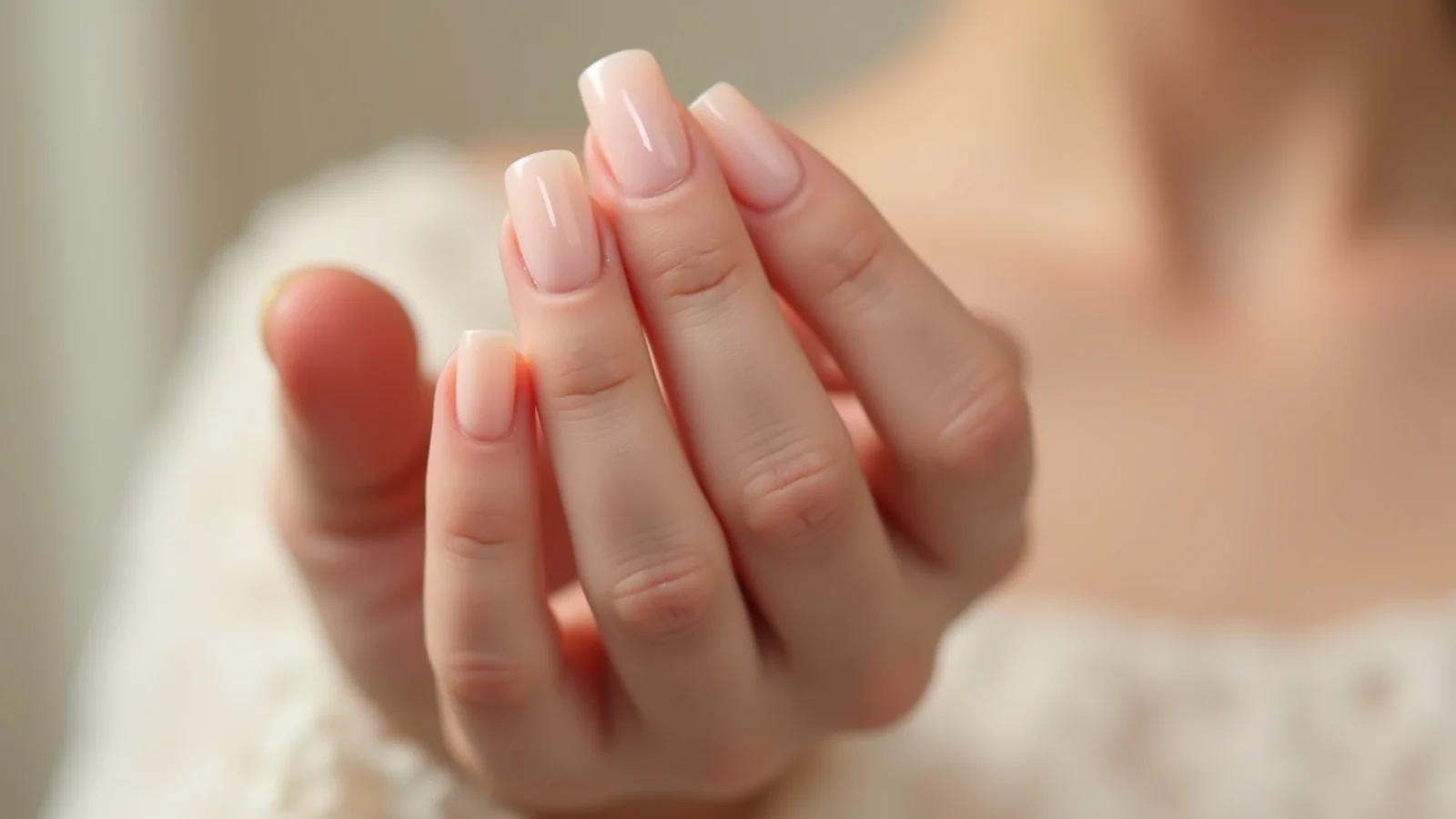 Sheer nude soap nails on medium-length natural nails