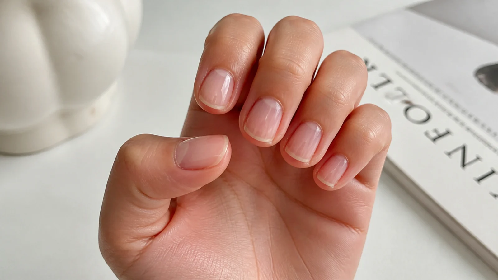 Short buffed soap nails in sheer clear on neat rounded nails