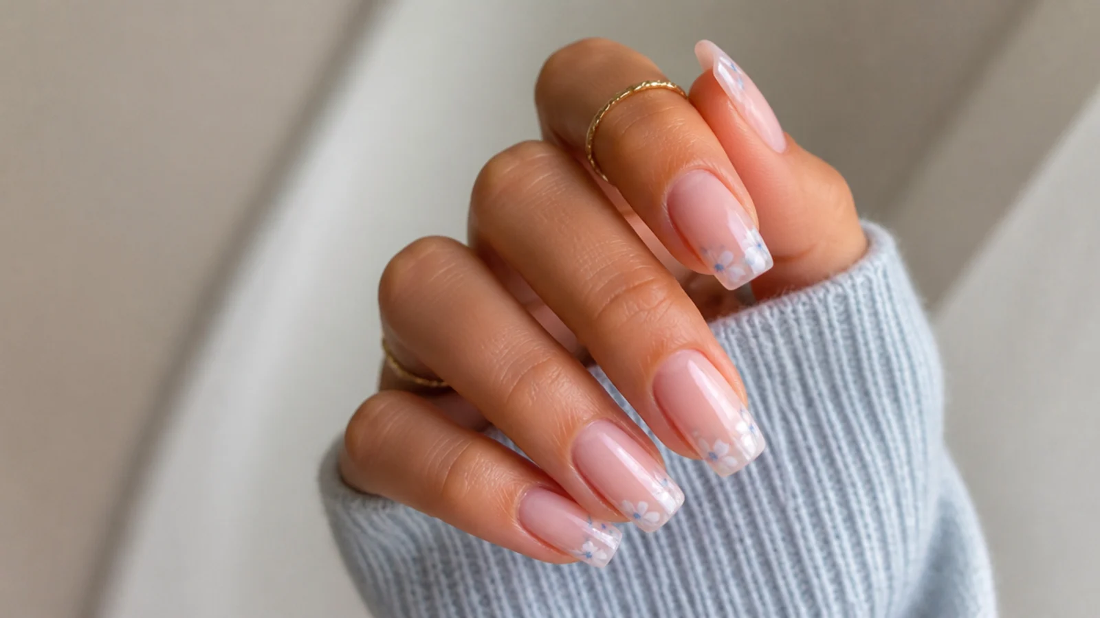 Long sheer soap nails with visible free edge on a squoval shape