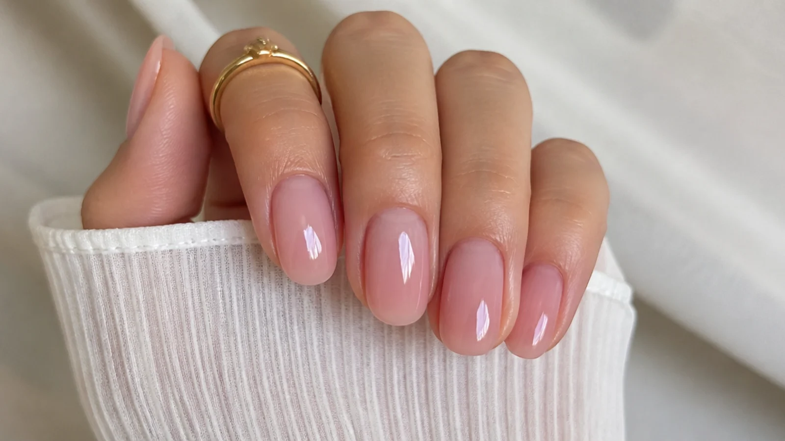 Sheer soap nails on a rounded oval shape in soft milky pink