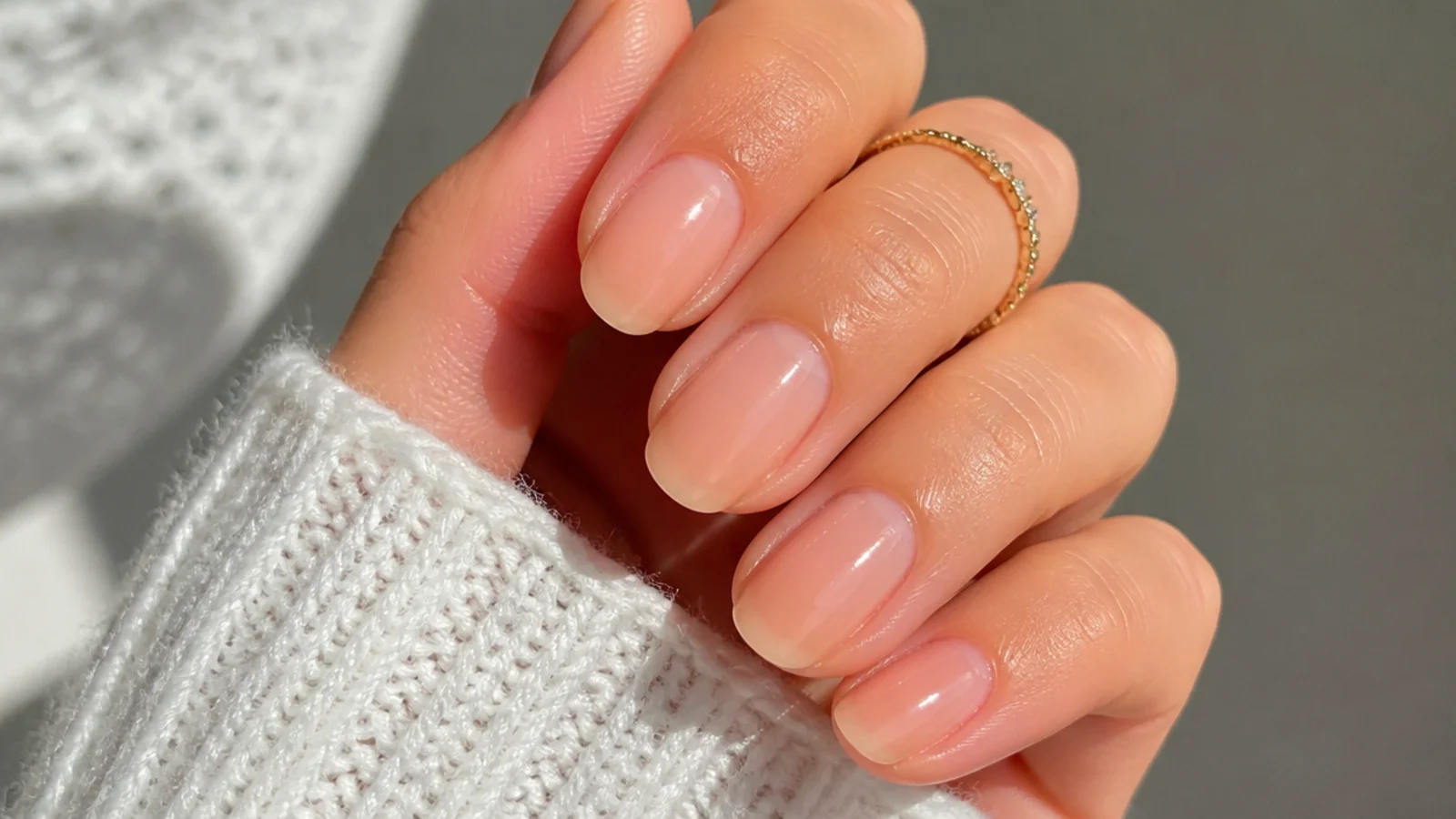 Sheer warm peachy soap nails on medium natural nails