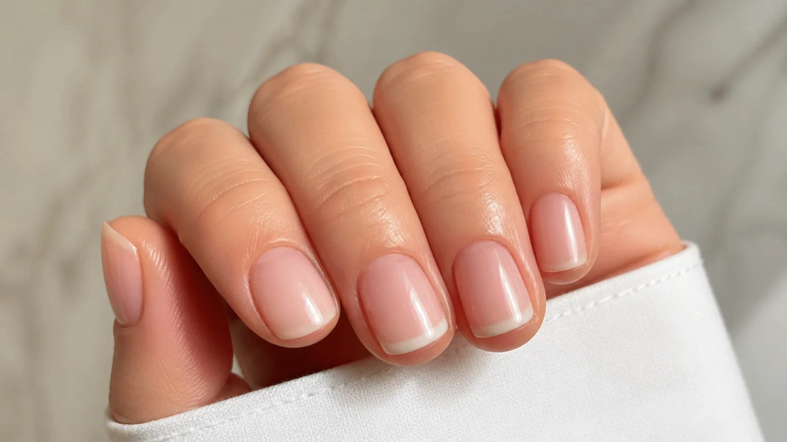 Sheer soap nails with a naturally milky free edge on short nails