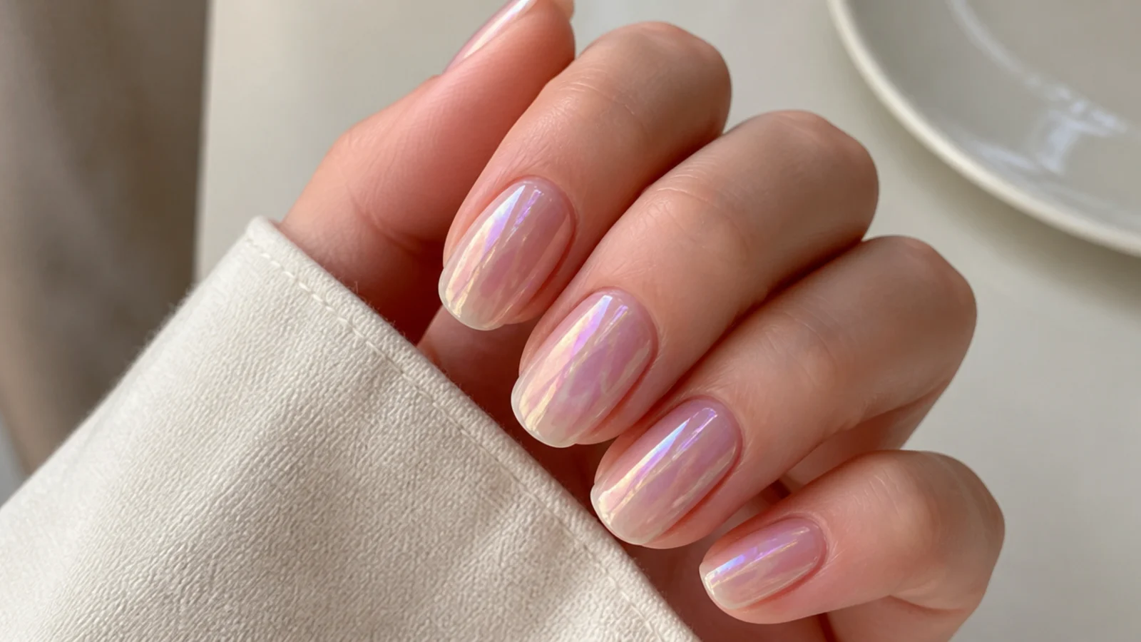 Sheer soap nails with a faint rainbow soap-bubble iridescence