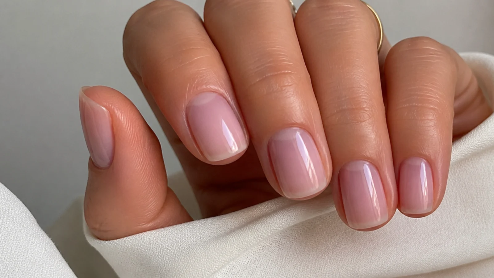Sheer neutral soap nails on short natural nails for everyday wear