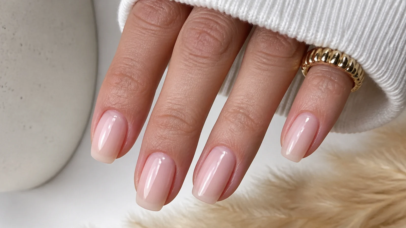 Sheer neutral soap nails on medium squoval nails