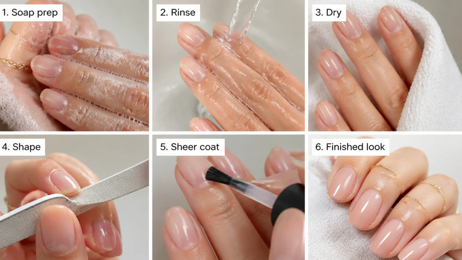 Step-by-step soap nail prep and a sheer coat being applied at home