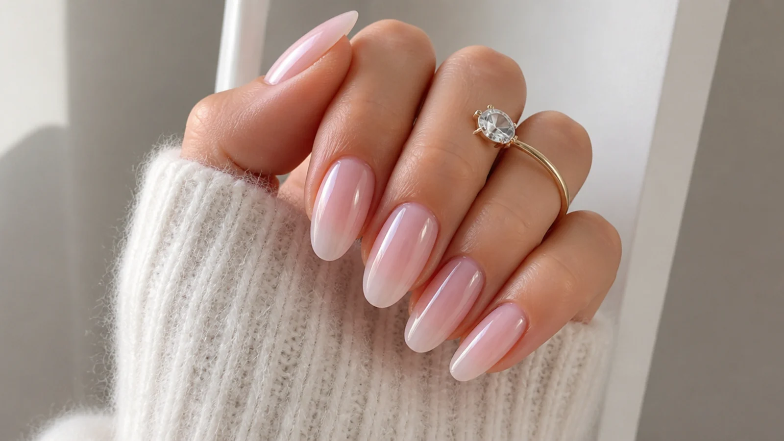 Sheer glassy soap nails in a barely-there milky pink on an almond shape