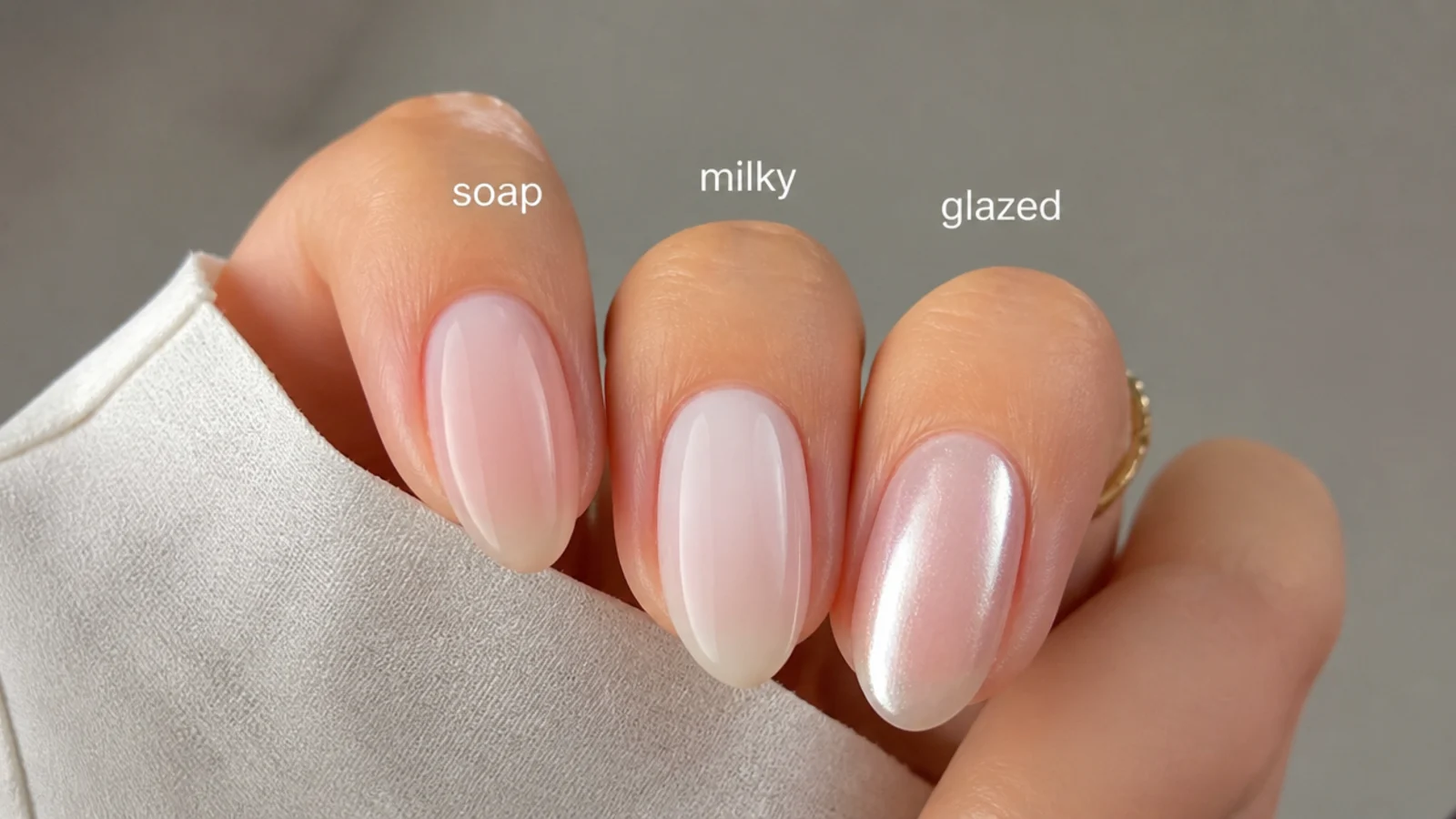 Three sheer nail looks compared - soap, milky and glazed finishes