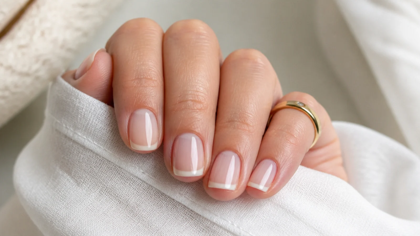 A close-up of short natural nails with a sheer translucent soap finish and visible free edge
