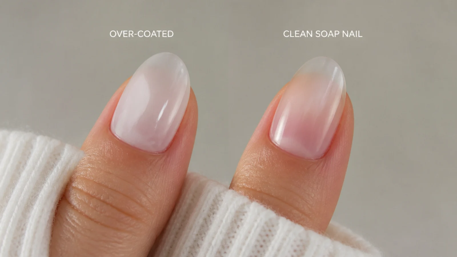 A cloudy over-coated nail next to a clean translucent soap nail for comparison