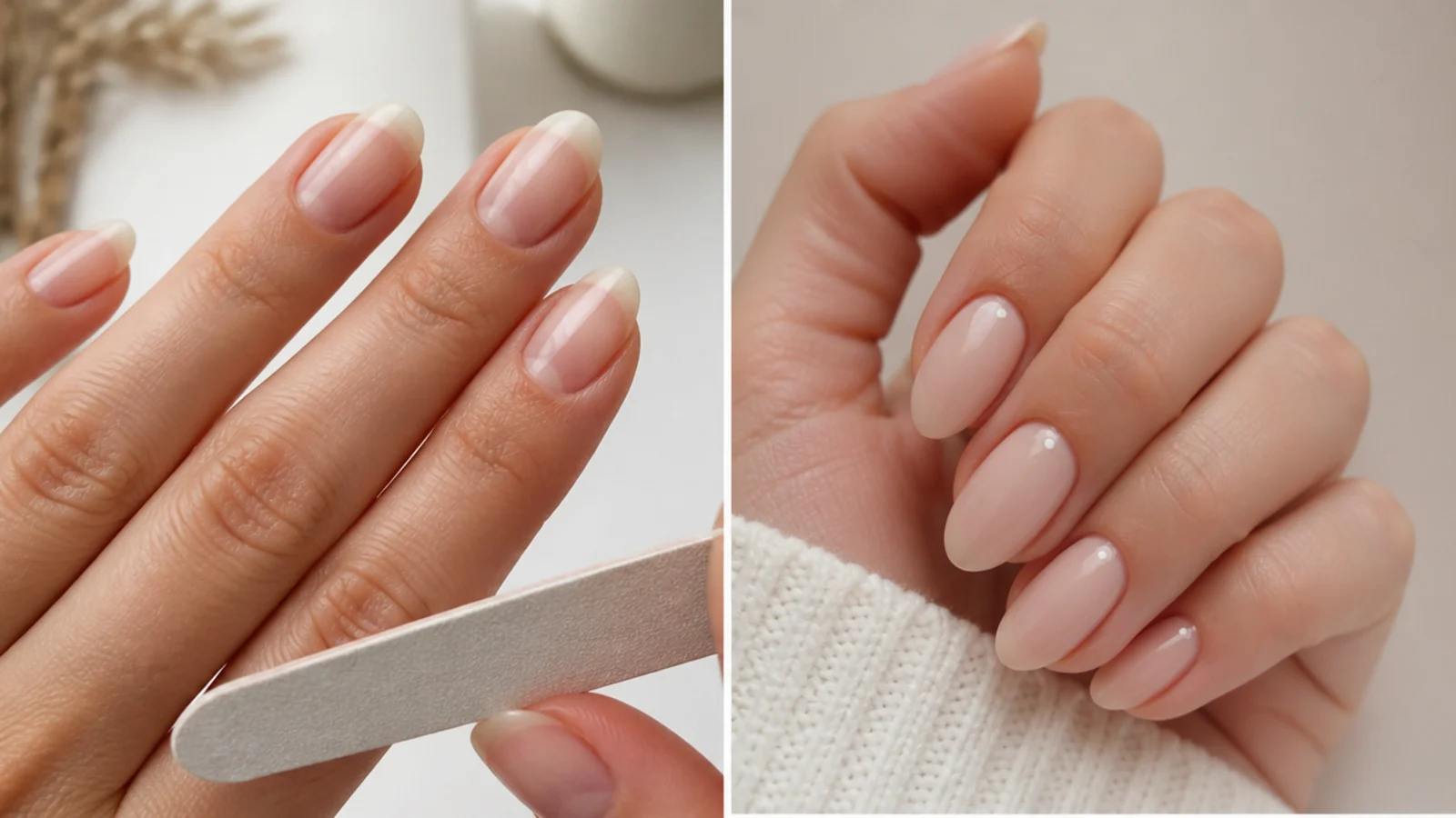 Natural nails being filed into a soft almond shape before a sheer manicure