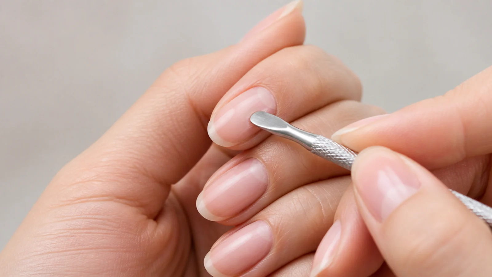 A cuticle pusher gently pushing back cuticles on a bare natural nail