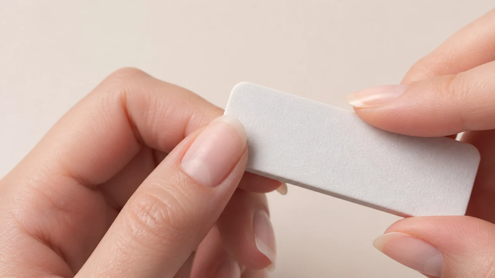 A soft buffer smoothing the surface of a natural nail to an even matte finish