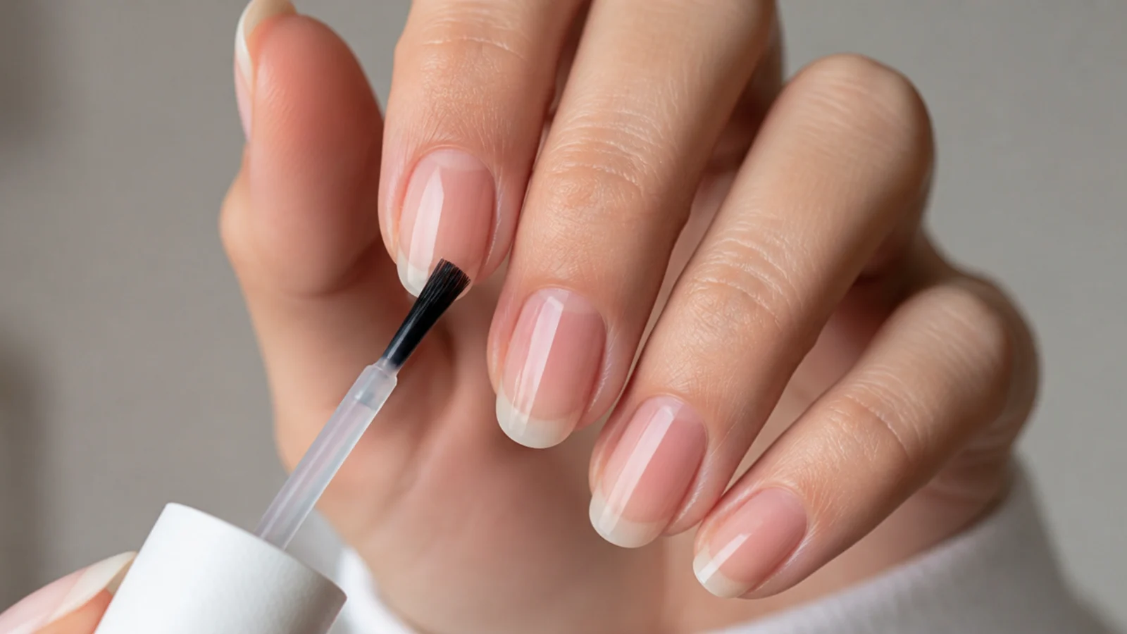 A thin clear base coat being brushed onto a prepped natural nail