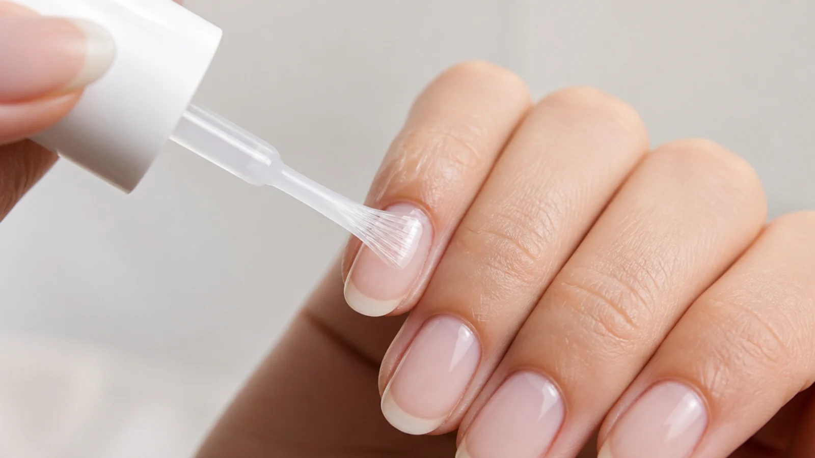 A translucent milky-clear coat being painted thinly over a natural nail