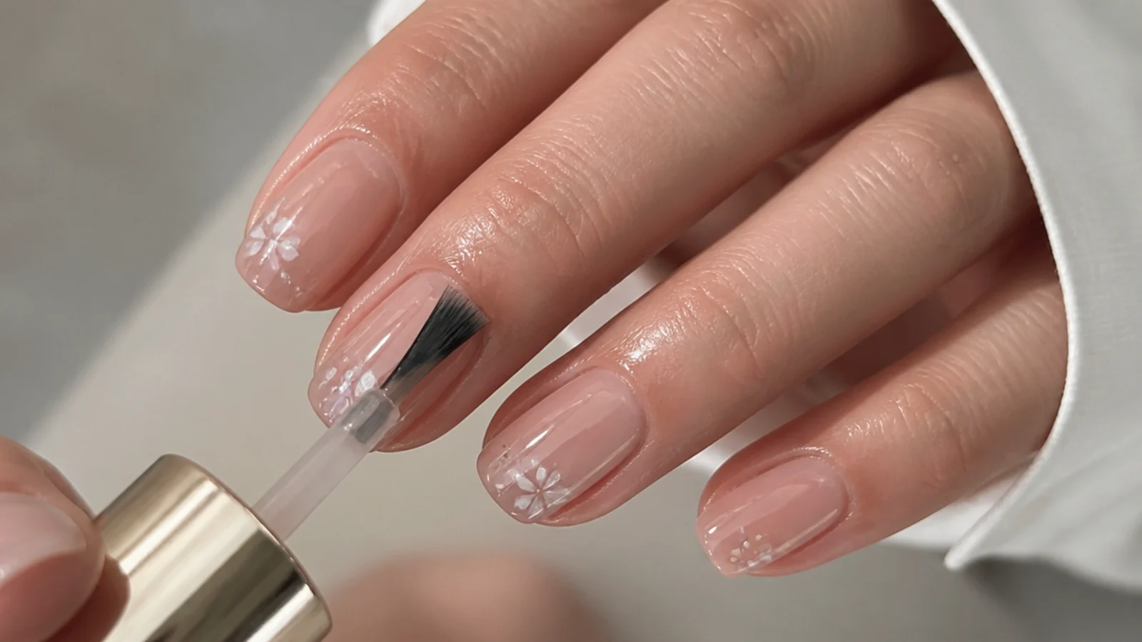 A high-shine top coat sealing sheer nails to a wet, glassy finish