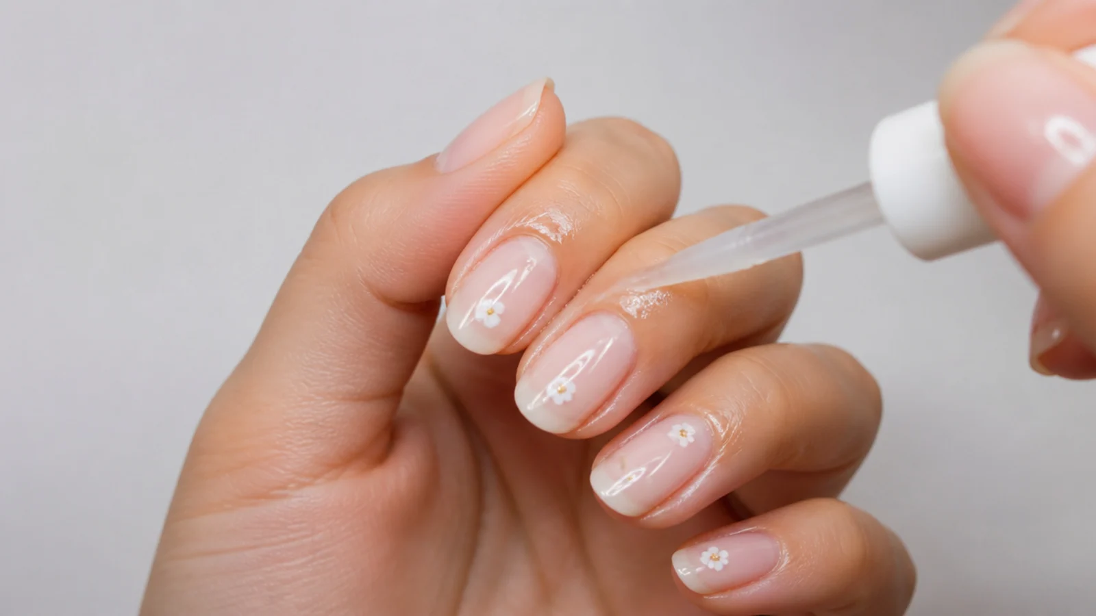 Cuticle oil being massaged around the base of freshly finished sheer nails