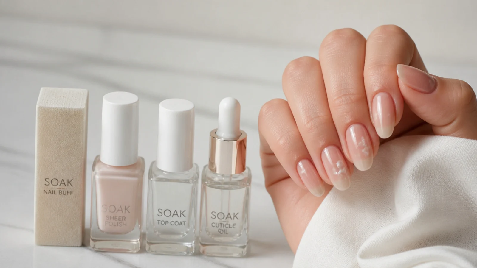 Soap nail supplies laid out - buffer, sheer polish, glossy top coat and cuticle oil