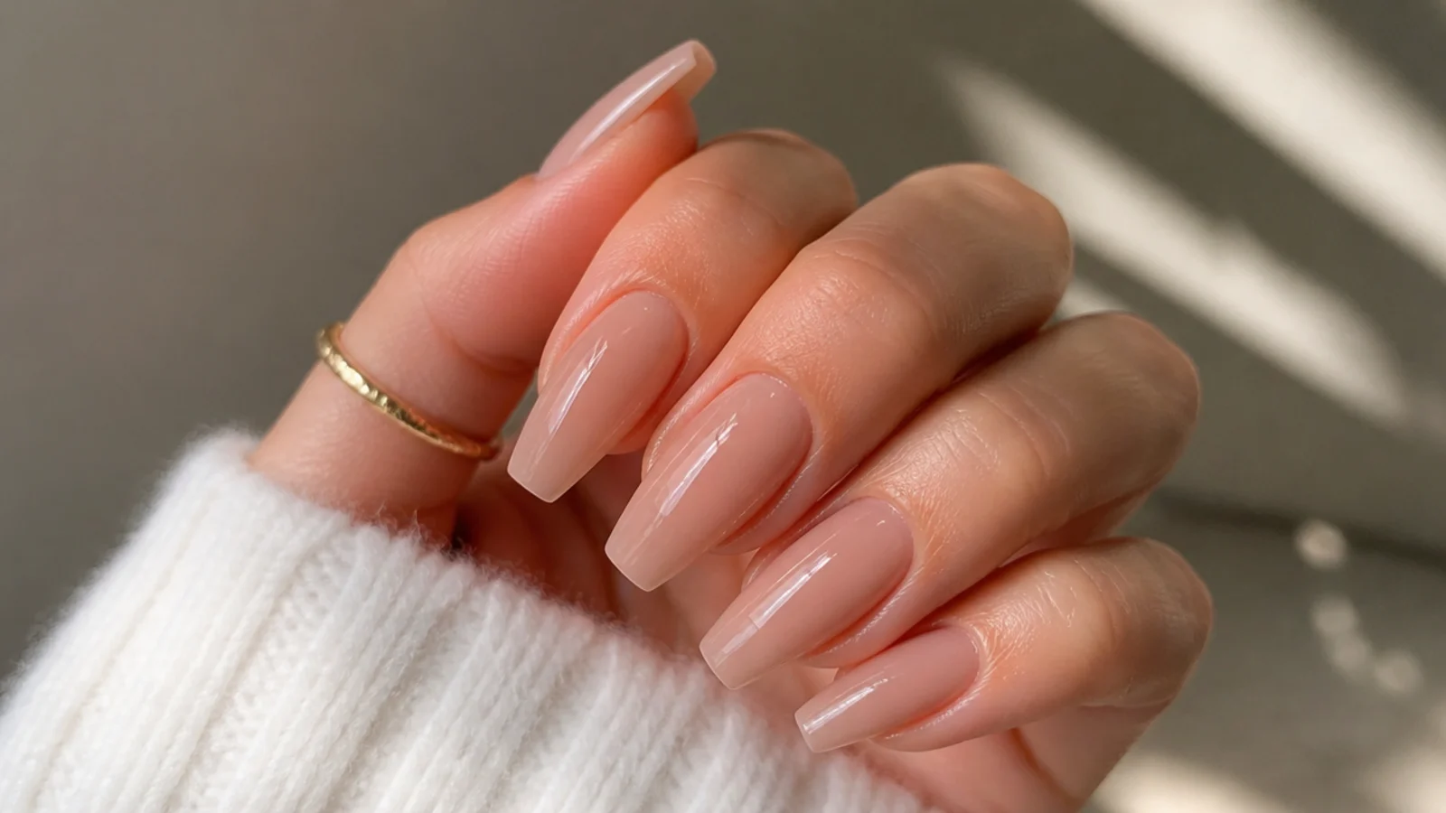 Long coffin soap nails in a sheer warm nude wash