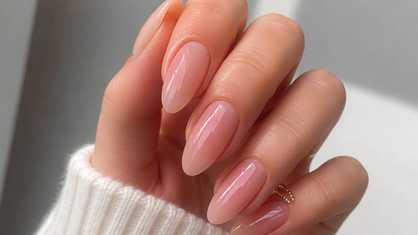 Long oval soap nails in a milky rose sheer finish