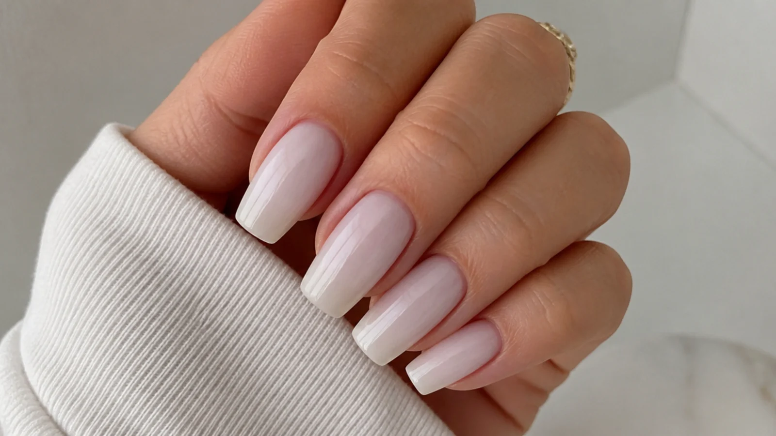 Long squoval soap nails in a cool milky-white sheer wash