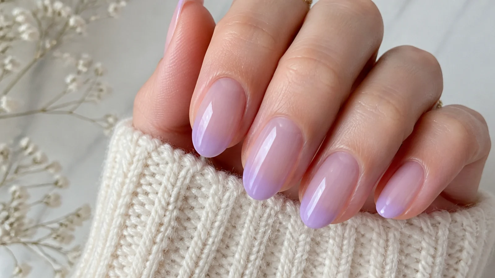 Long oval soap nails in a barely-there sheer lavender wash