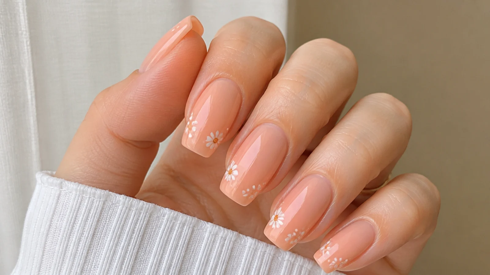 Long squoval soap nails in a warm sheer peach wash