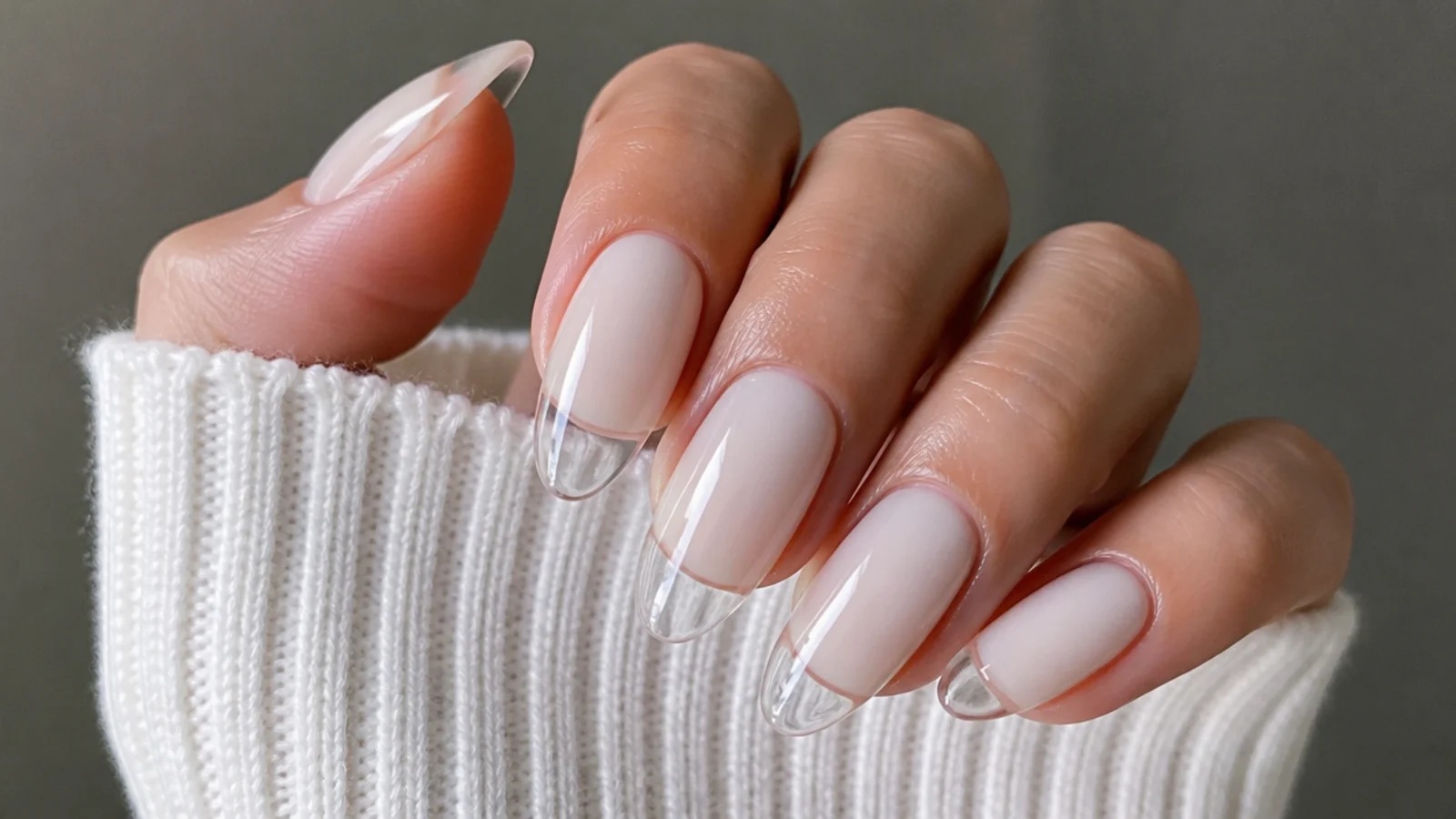Long almond soap nails with a milky base and a clear glass free edge