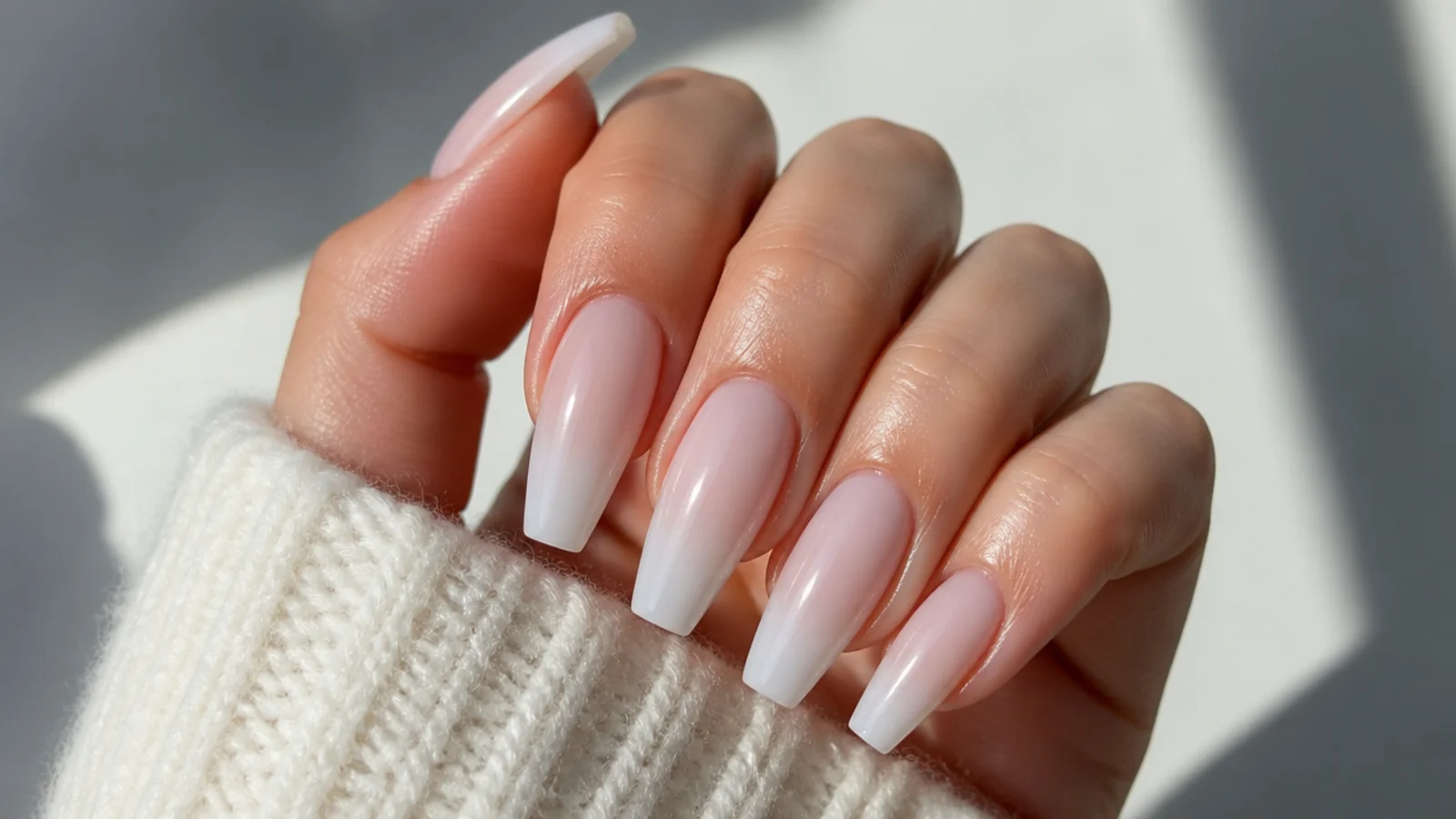 Long coffin soap nails in a soft milky nude sheer finish