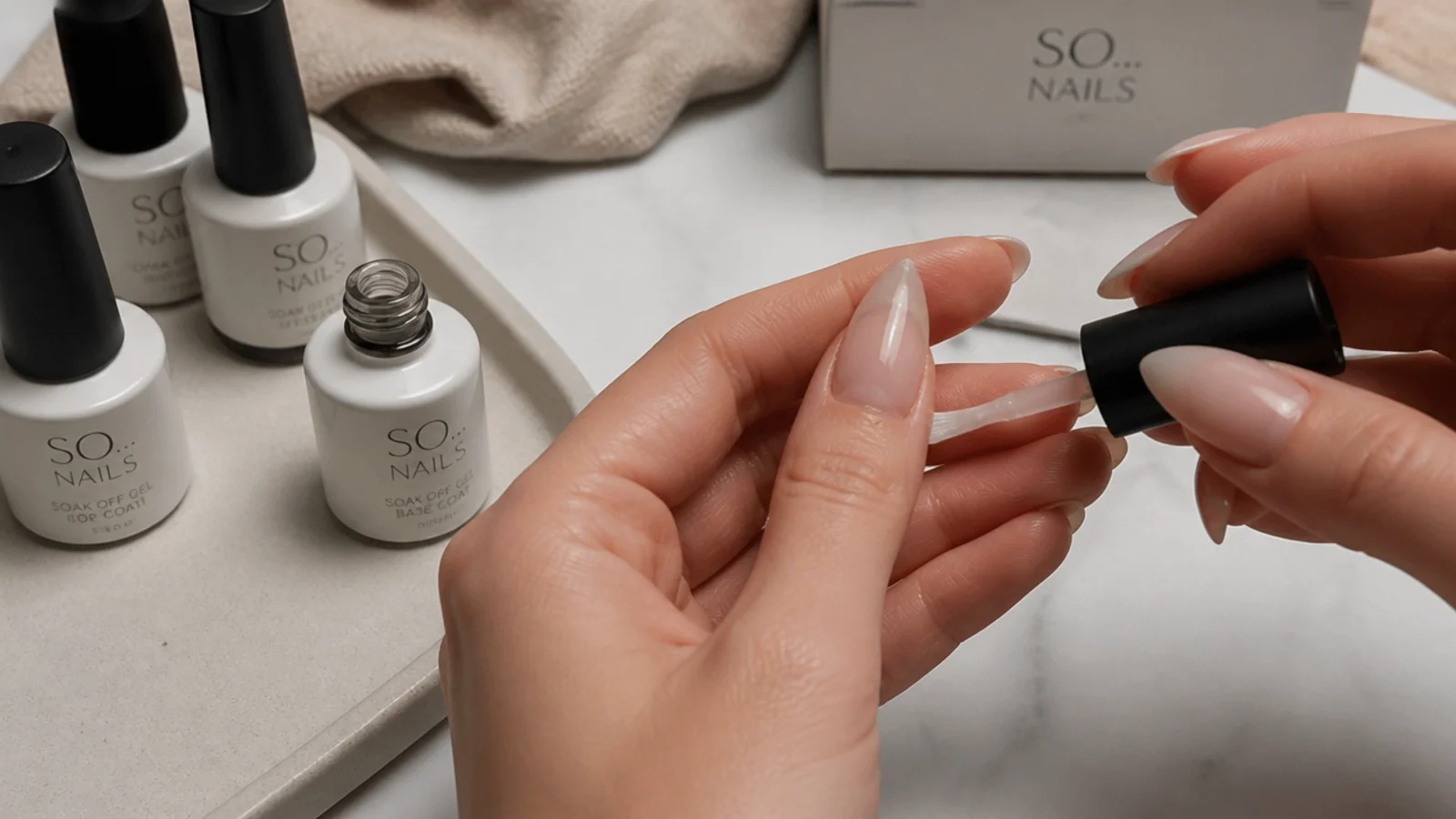 Soap nail supplies and a long nail mid-application of sheer polish at home