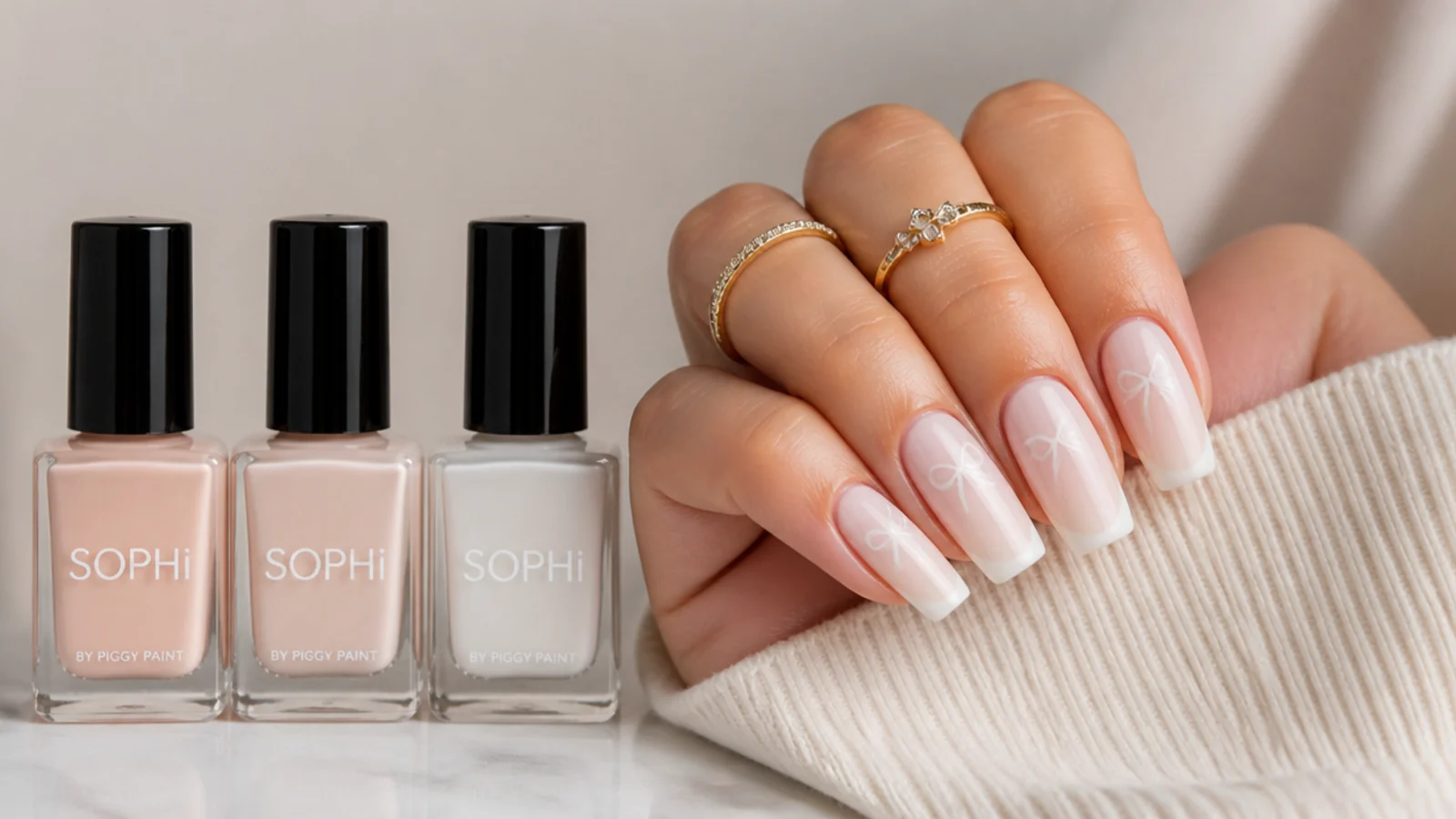 A row of sheer nude and milky polish bottles beside long soap nails