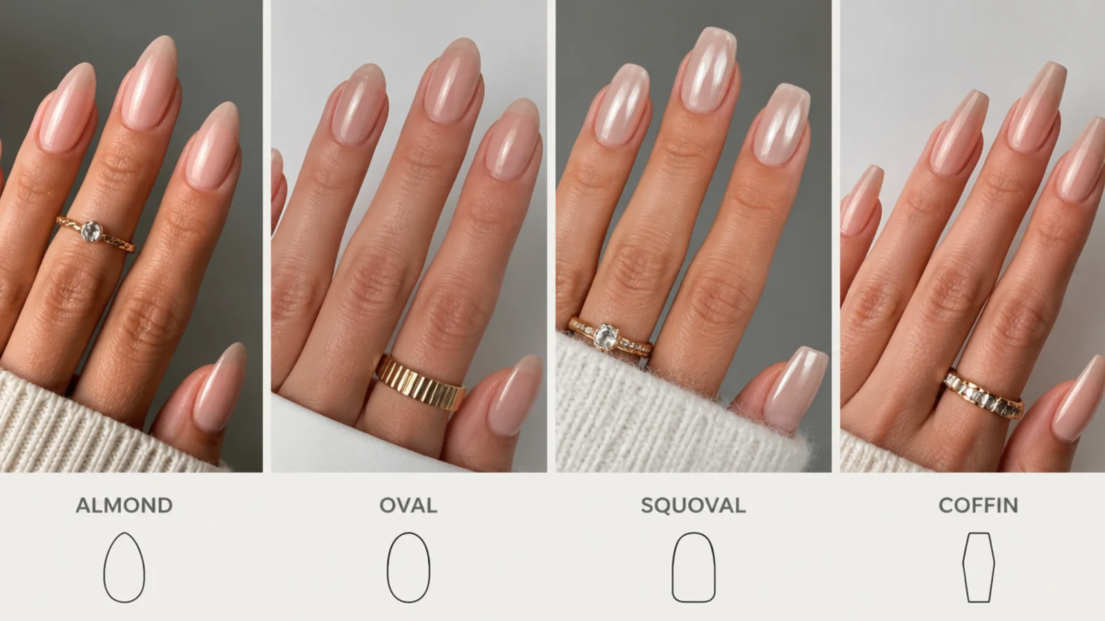 Long soap nails shown on almond, oval, squoval and coffin shapes