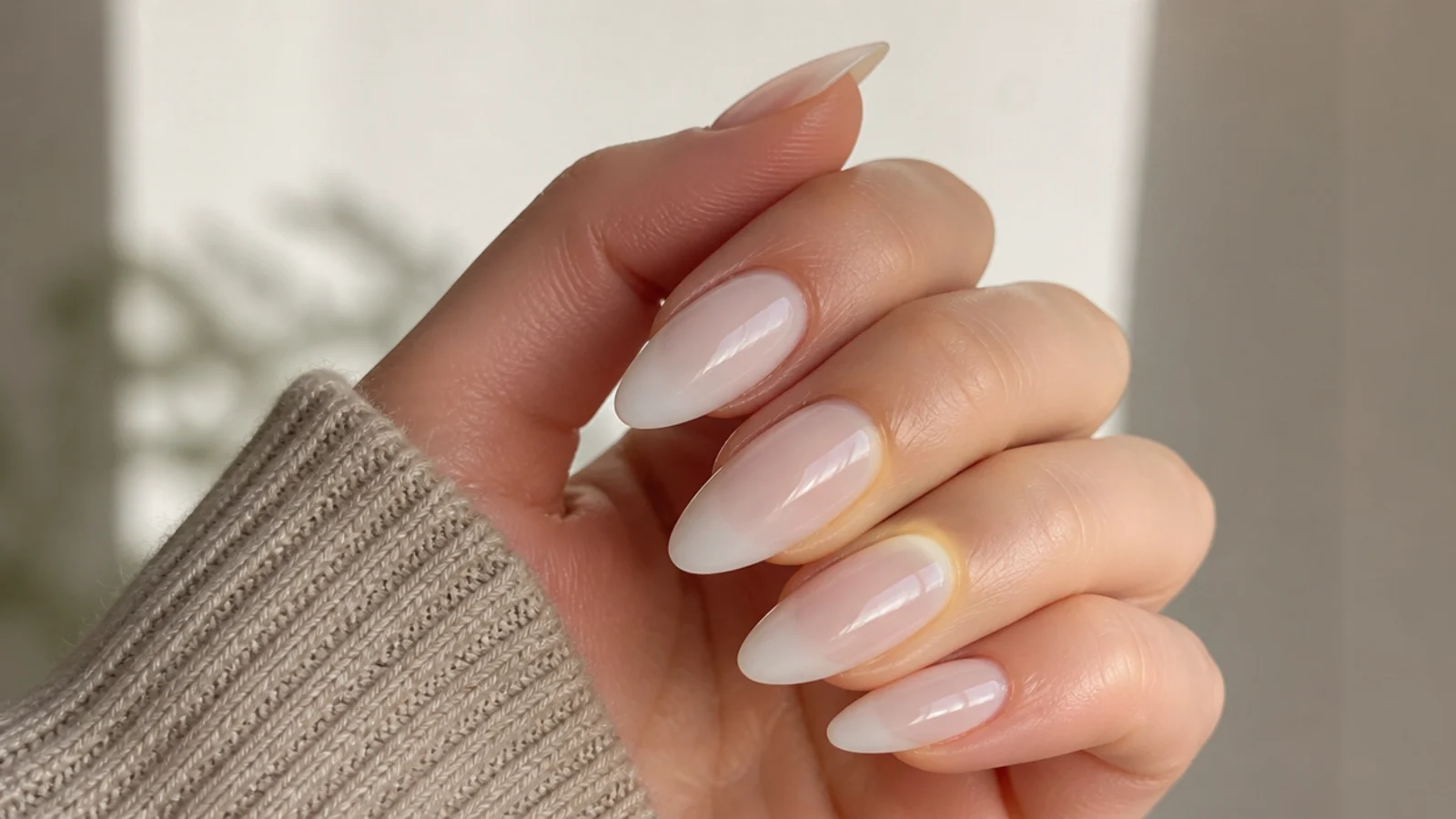 Long almond soap nails in a sheer milky-clear finish showing the natural nail through