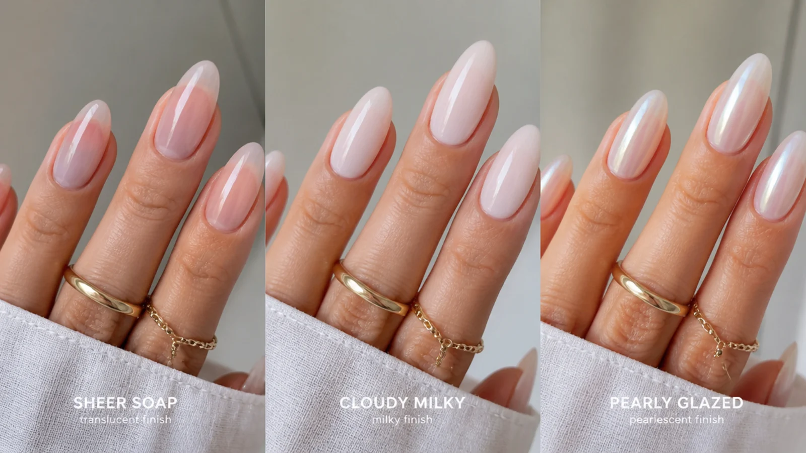 Three long nails side by side - sheer soap, cloudy milky and pearly glazed finishes