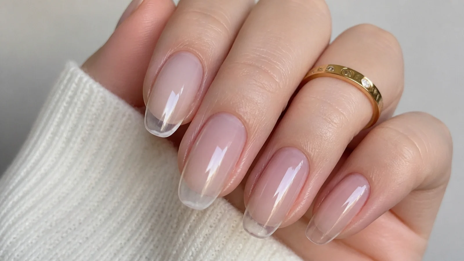A sheer milky-clear soap nail showing the natural nail and free edge through the polish