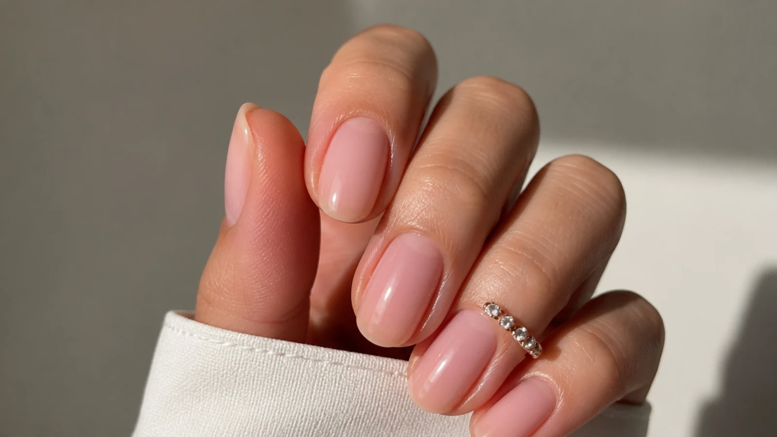 Sheer warm pink soap nails on oval nails with a natural translucent finish