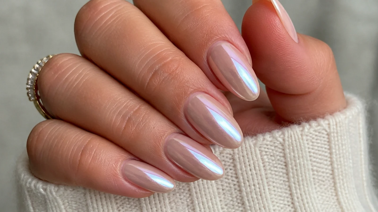 Sheer soap nails with a soft pearl glazed chrome sheen on almond nails