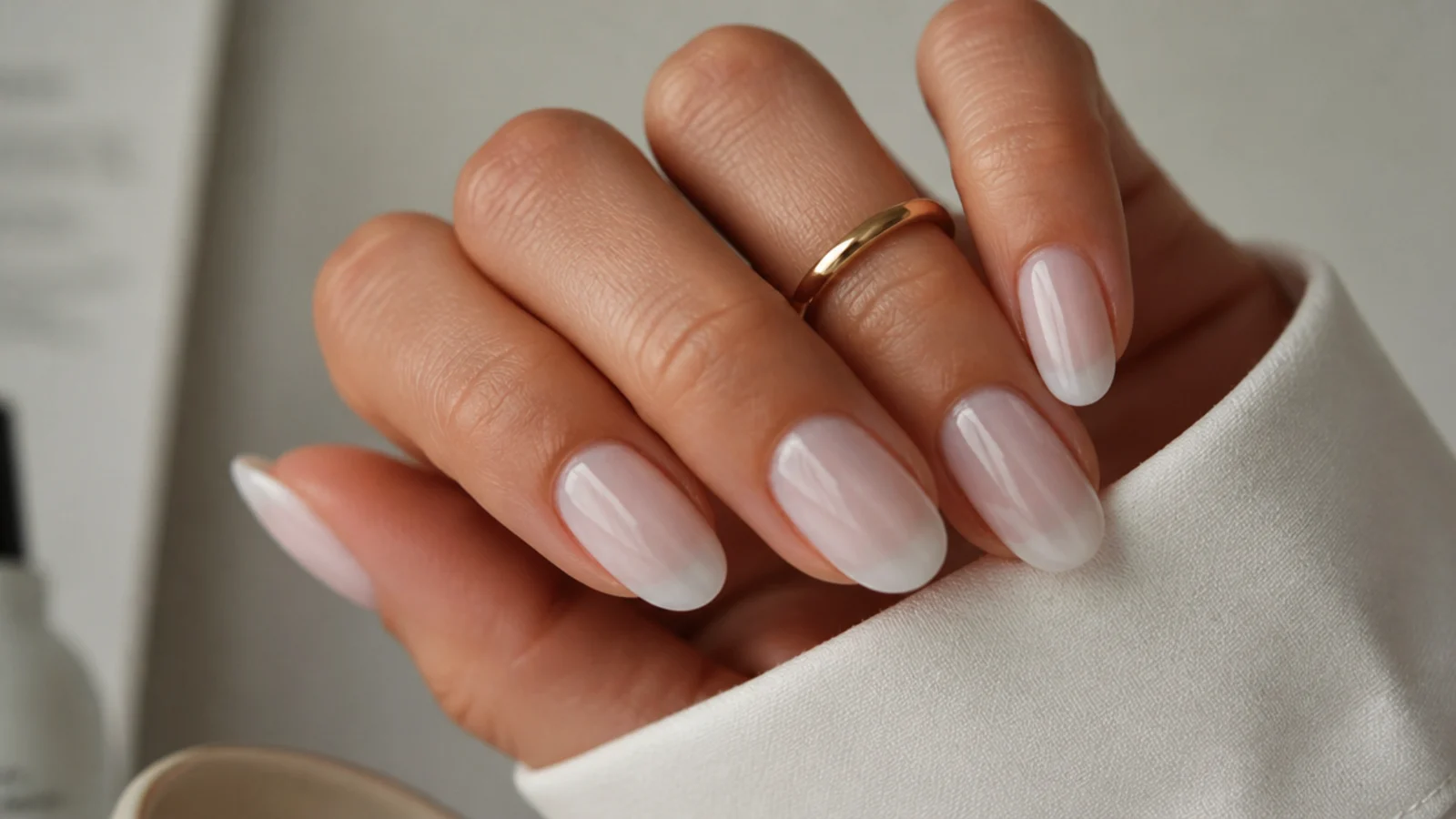 Sheer cool milky white nails on oval nails with translucent tips